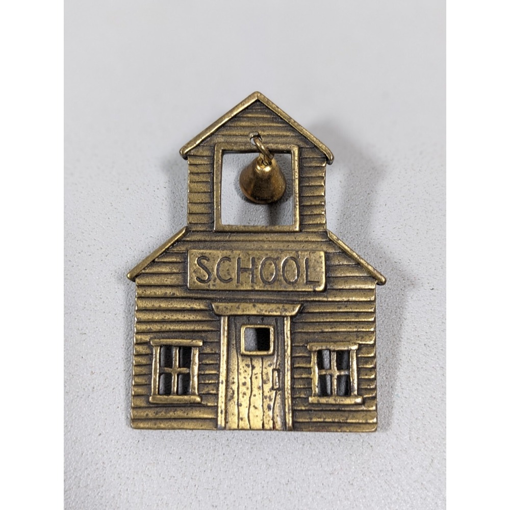 Vintage JJ Jonette Bronze Tone School House‎ Bell Pin Brooch